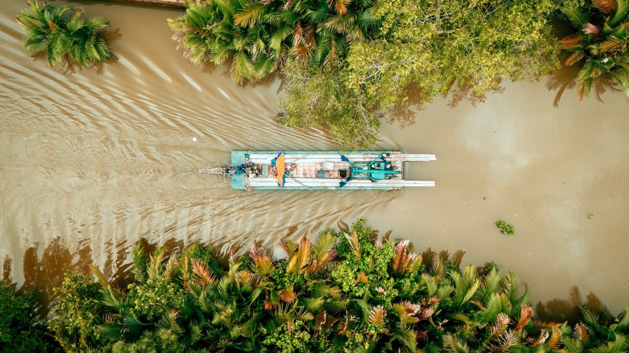 Rừng ngập mặn ở Việt Nam nhìn từ trên cao — tuyến metro Bến Thành – Cần Giờ chỉ đi qua vùng đệm, không vào vùng lõi rừng ngập mặn Cần Giờ