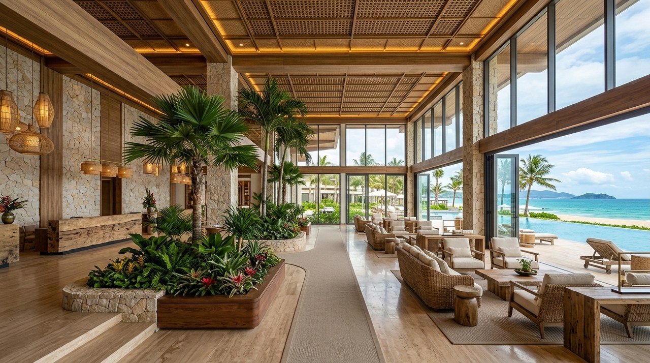 Sảnh tiếp đón resort 5 sao tại Imperia Green Paradise Cần Giờ, phong cách tiện ích tương tự cụm VinWonders Vinhomes Green Paradise