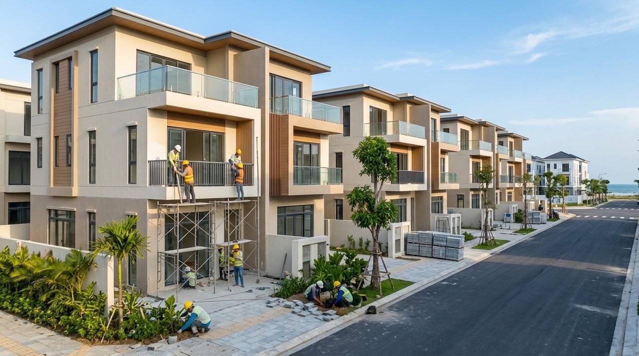 Công trường nhà phố Vịnh Ngọc Vinhomes Green Paradise Cần Giờ chuẩn bị bàn giao