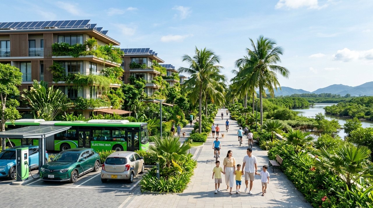 Khu dân cư xanh với năng lượng tái tạo và phương tiện điện tại Vinhomes Green Paradise Cần Giờ