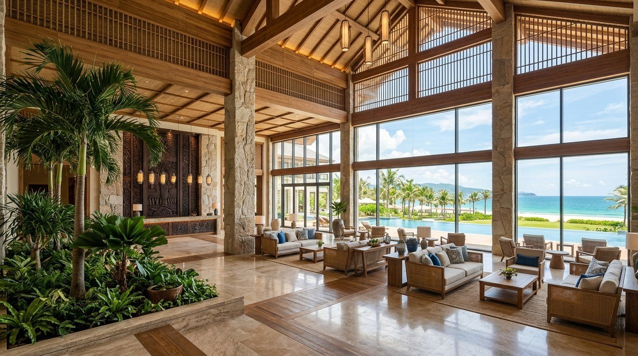 Sảnh tiếp đón resort 5 sao Imperia Green Paradise Cần Giờ gần tuyến metro Bến Thành - Cần Giờ