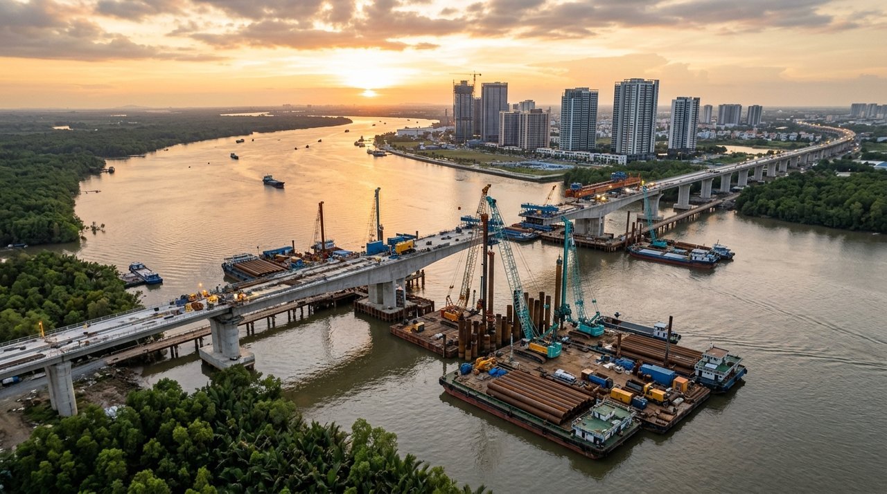 Cầu vượt sông Soài Rạp tuyến đường sắt Bến Thành - Cần Giờ thi công cọc khoan nhồi, gần khu đô thị Vinhomes Green Paradise Cần Giờ