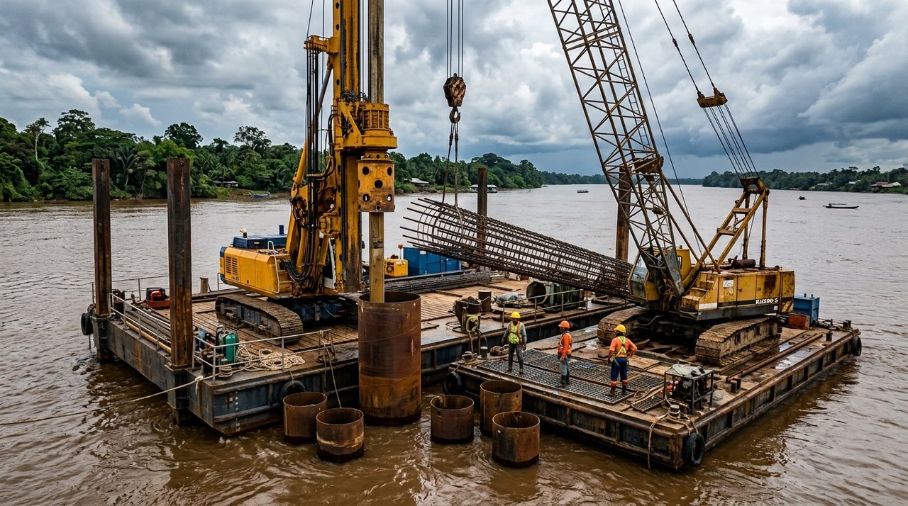 Thi công cọc khoan nhồi trên sông cho cầu đường sắt Bến Thành Cần Giờ, hạng mục nền móng trụ cầu