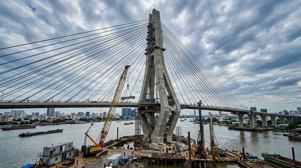 Tháp cầu Cần Giờ lấy cảm hứng cây đước đang thi công, tĩnh không 55m