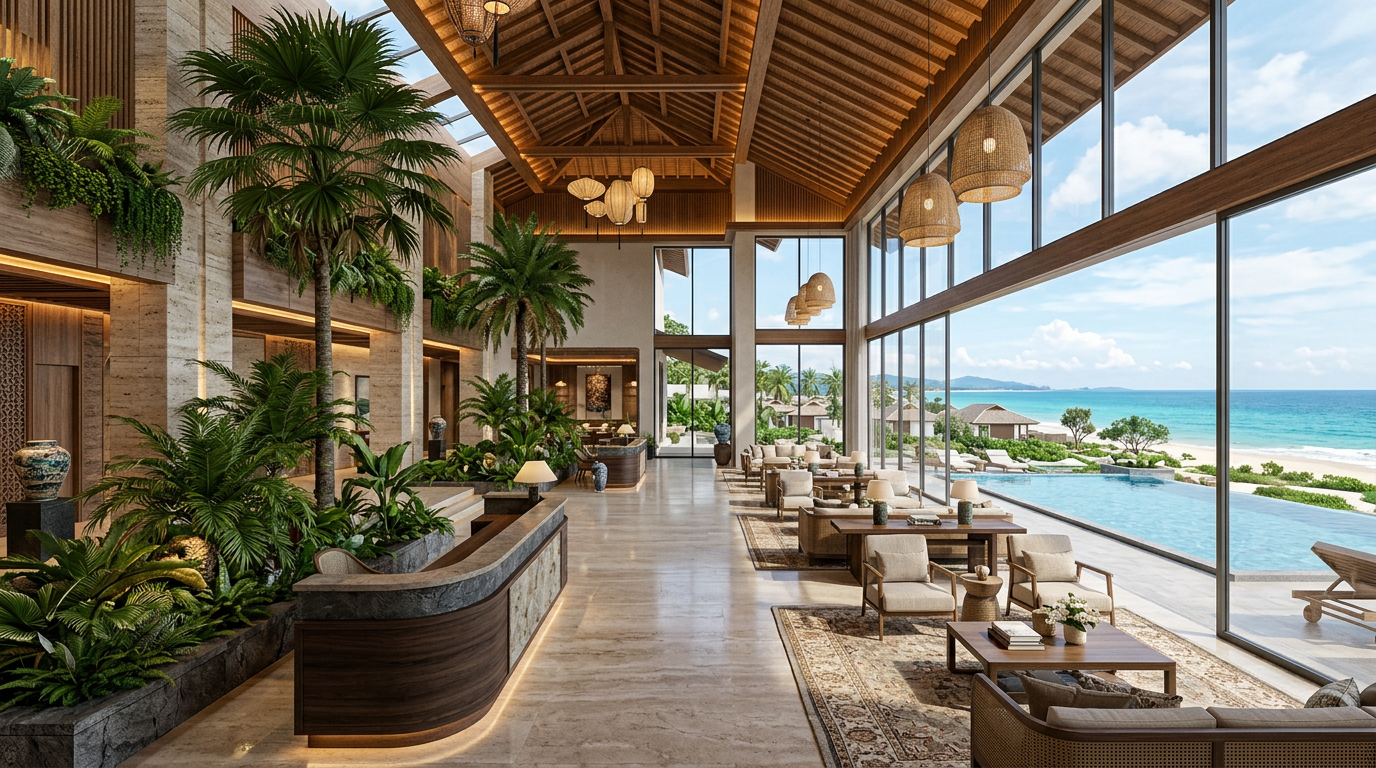 Sảnh tiếp đón phong cách resort tại Imperia Green Paradise Cần Giờ của MIK Group