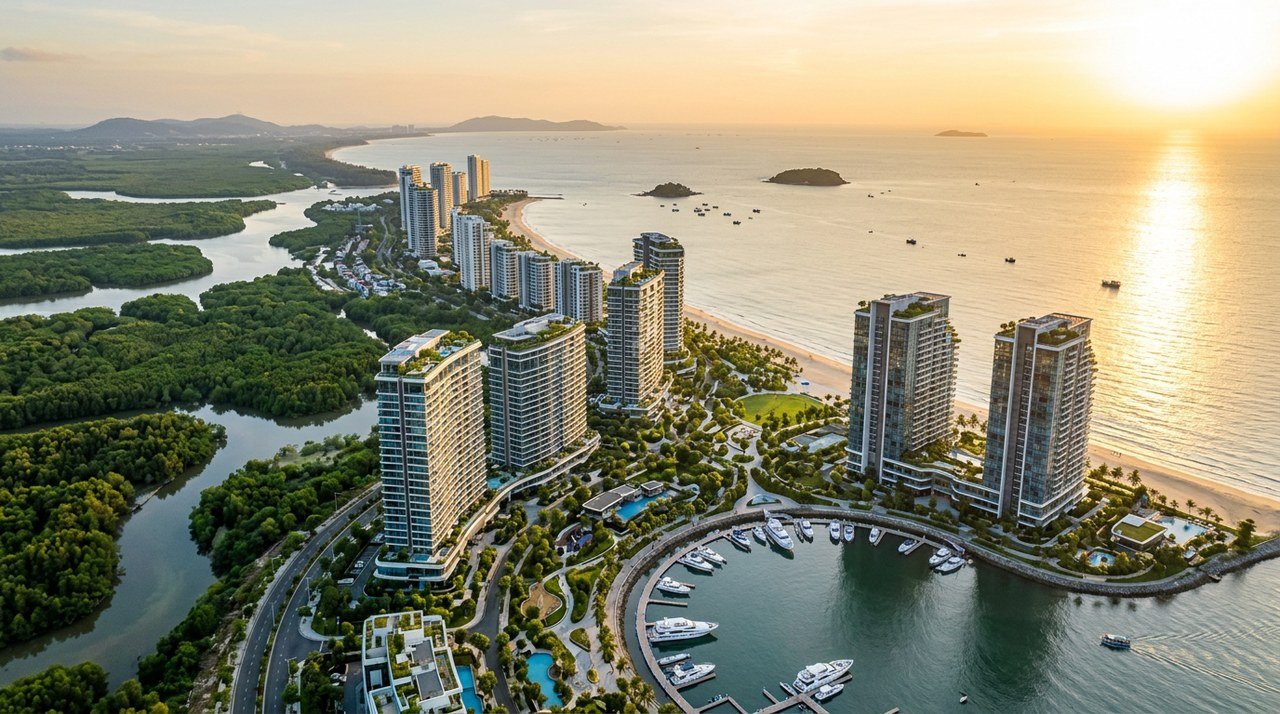 Khu đô thị Vinhomes Green Paradise Cần Giờ nhìn từ trên cao — vị trí tọa lạc của Imperia Green Paradise