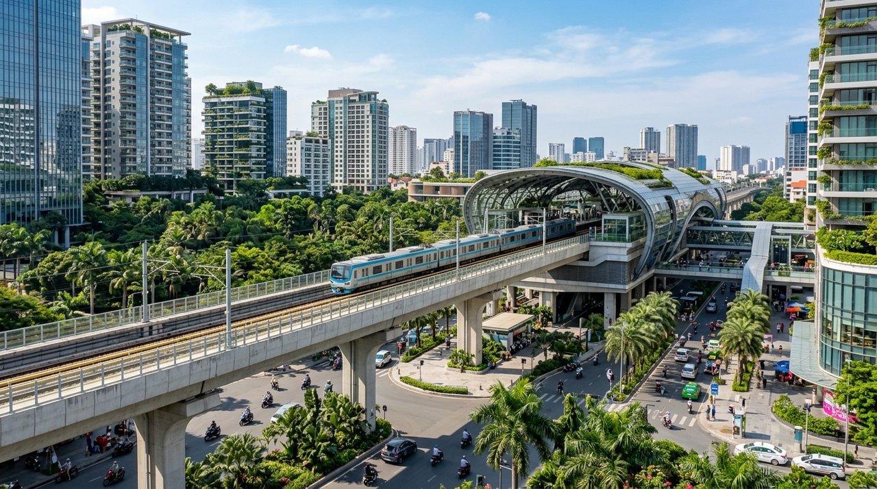 Tuyến đường sắt tốc độ cao trên cao gần khu đô thị ven biển - đường sắt Bến Thành Cần Giờ và Imperia Green Paradise Cần Giờ